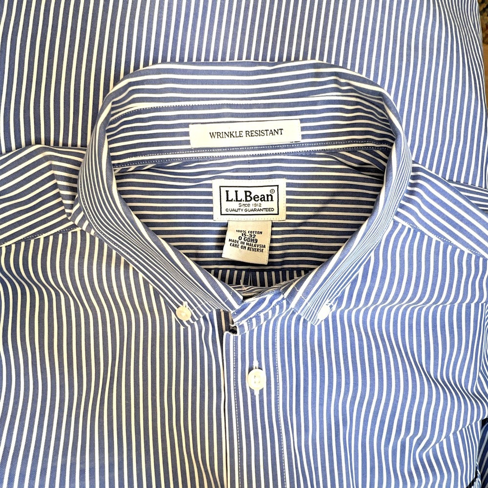 L.L. Bean Mens Wrinkle Resistant Blue & White Striped Button Shirt SZ 15.5-32‎ - Picture 4 of 13
